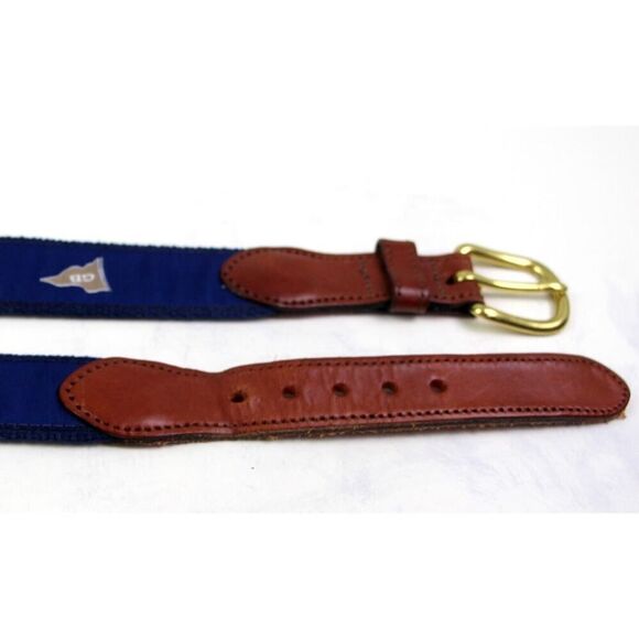 Leather Man BROWN REAL LEATHER BLUE CANVAS 1 1/4"Wd GOLF DRESS MEN BELT 44 (A89 - Picture 11 of 12